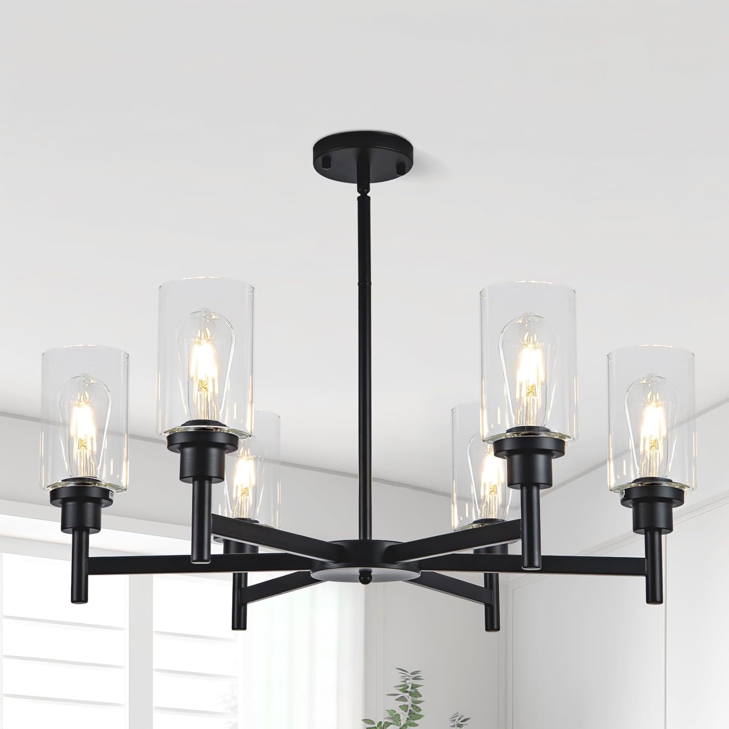 6 Light Farmhouse Chandelier Black Dining Room Light Fixture Over Table Industrial Hanging Pendant Lighting for Living Room Foyer Kitchen Island Adjustable Height E26 Socket with Glass Shade Black 6 Light