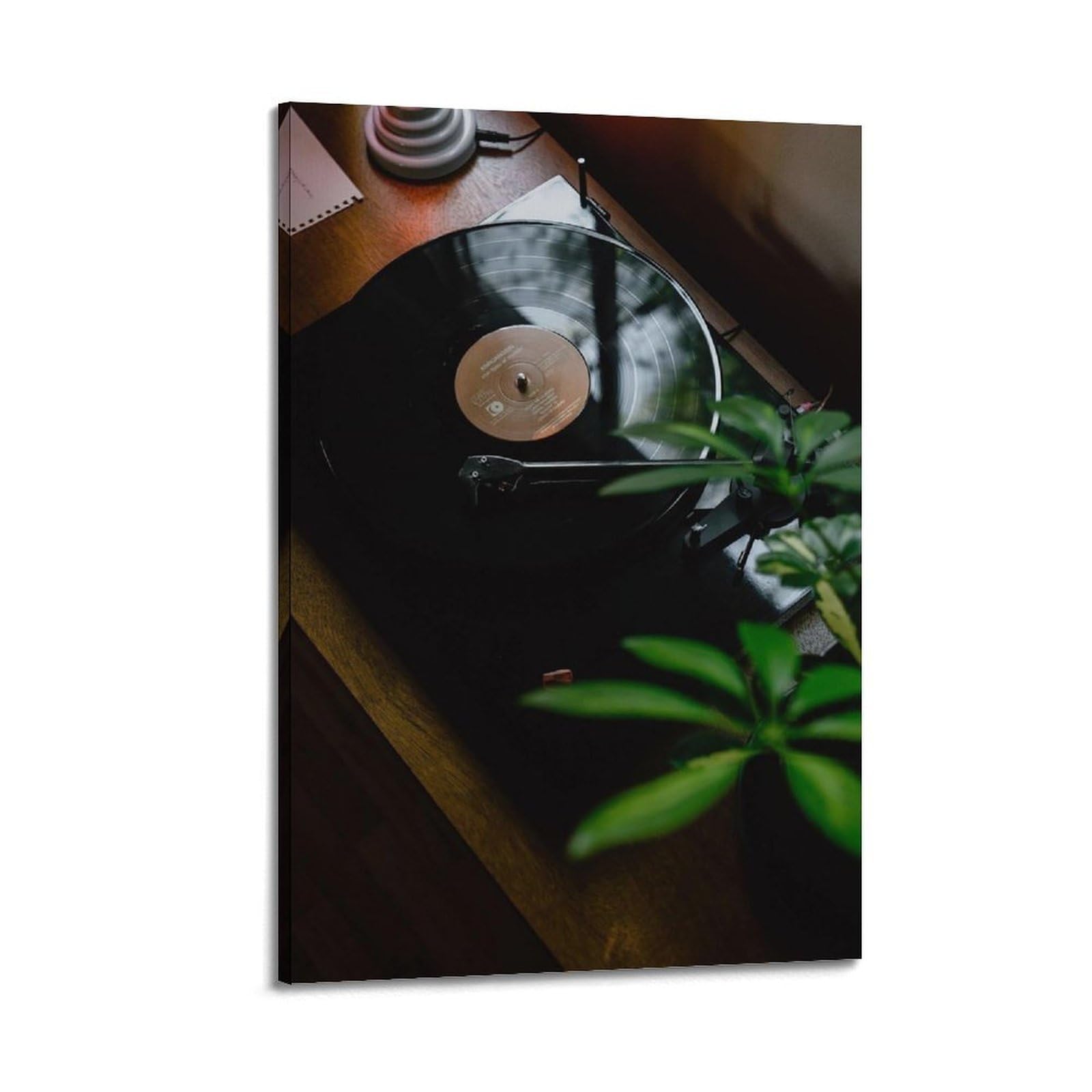 Gramofon z płytą winylową i zieloną rośliną sztuka ścienna, retro muzyka dekoracja do domu i salonu plakat dekoracyjny obraz płótno plakaty ścienne i artystyczny obraz druk nowoczesny rodzinny