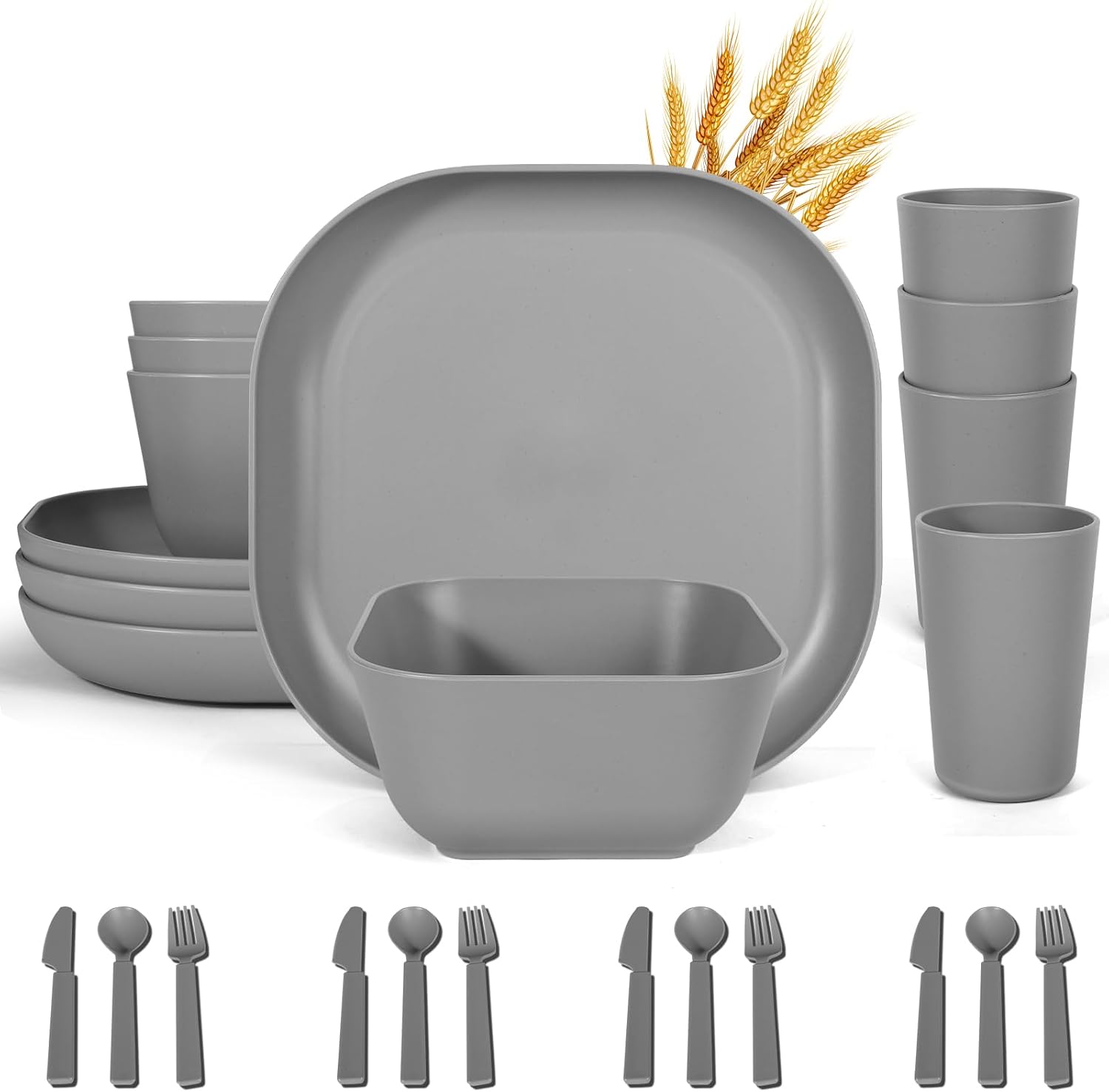 24 Piece Wheat Straw Square Dinnerware Sets for 4, Bahrain Ubuy