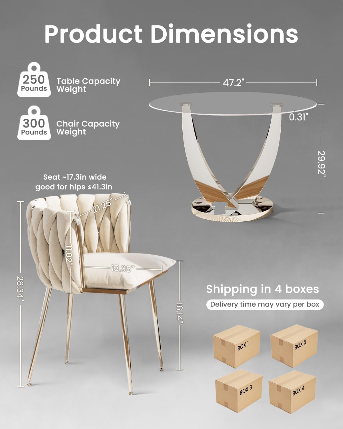 47.2" Round Glass Dining Table Set for 4, Modern Kitchen Table with 4 Upholstered Velvet Chairs, Tempered Glass Top with Silver Steel Base, 5 Pieces Dining Table Set for Home Apartment - Beige