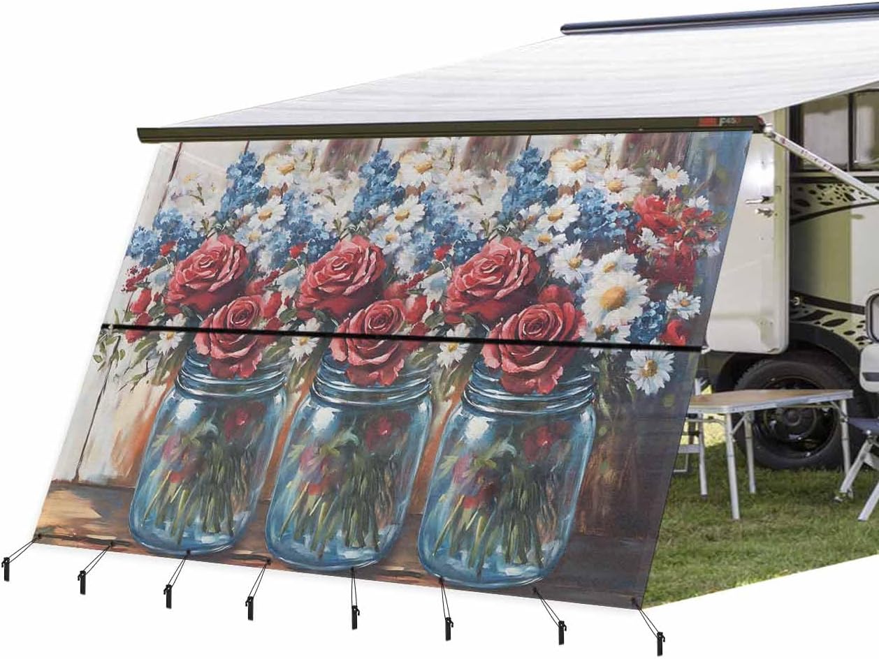4th of July RV Awning Sun Shade Screen 9'X15.3' Red White and Blue Rose Mesh Sunscreen Patriotic Daisy Vase Awning Shade Screen with Zipper UV Blocker Completed Kits Canopy for RV Motorhome Camper
