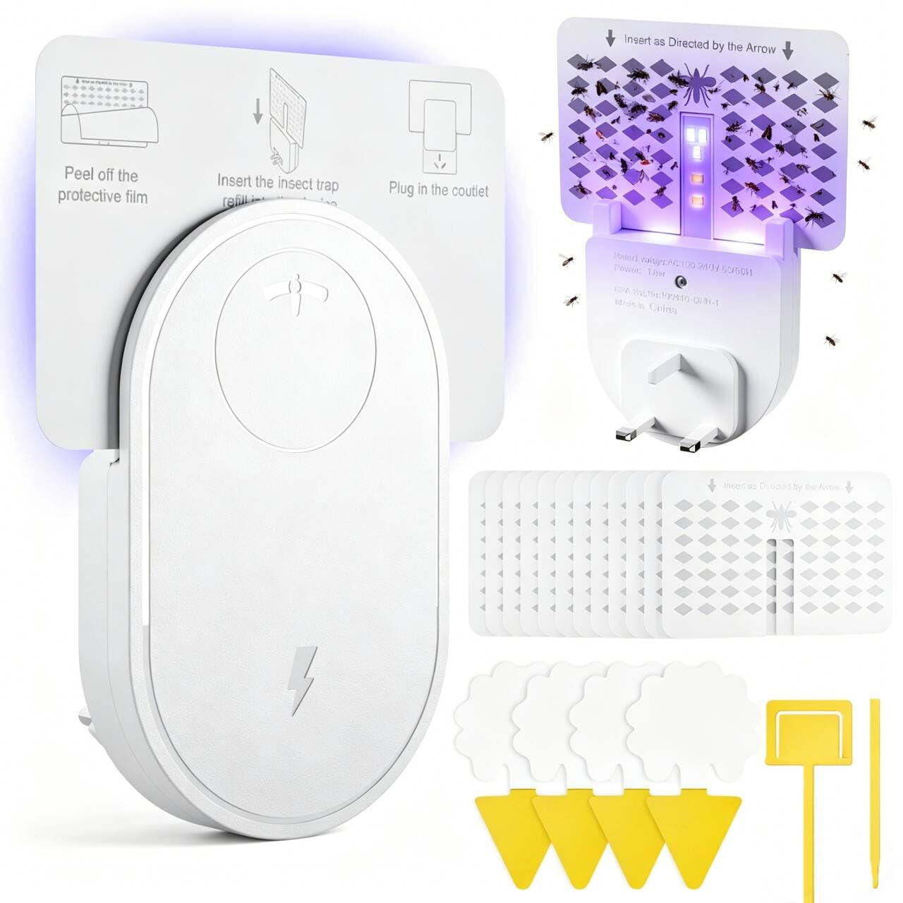 Fruit Fly Trap Indoor, Plug-in LED UV Fly Catcher for Flies, Gnats & Moths, Adjustable Brightness, Night Light Mode, Insect Trap for Kitchen and Home, 2 Device + 12 Refills