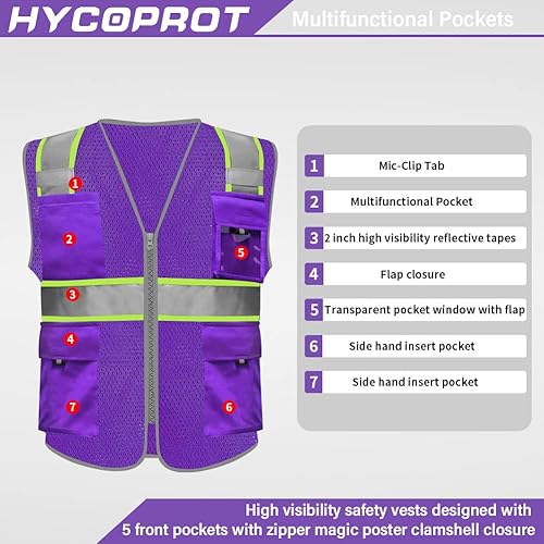 Miniatura 2 de HYCOPROT Chaleco reflectante de seguridad de malla de alta visibilidad con bolsillos y cremallera, cumple con las normas ANSIISEA