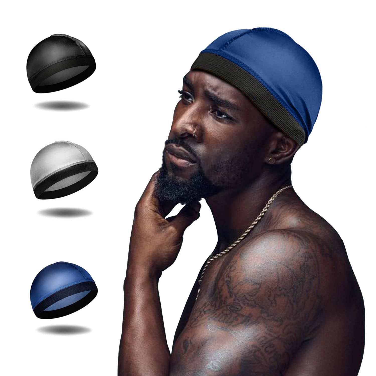 Selalu 4Pcs Wave Cap, Silk Stocking Wave Caps for 360 Waves, Silky Durag for Men, Stain Caps (2*Blue 2*Black)