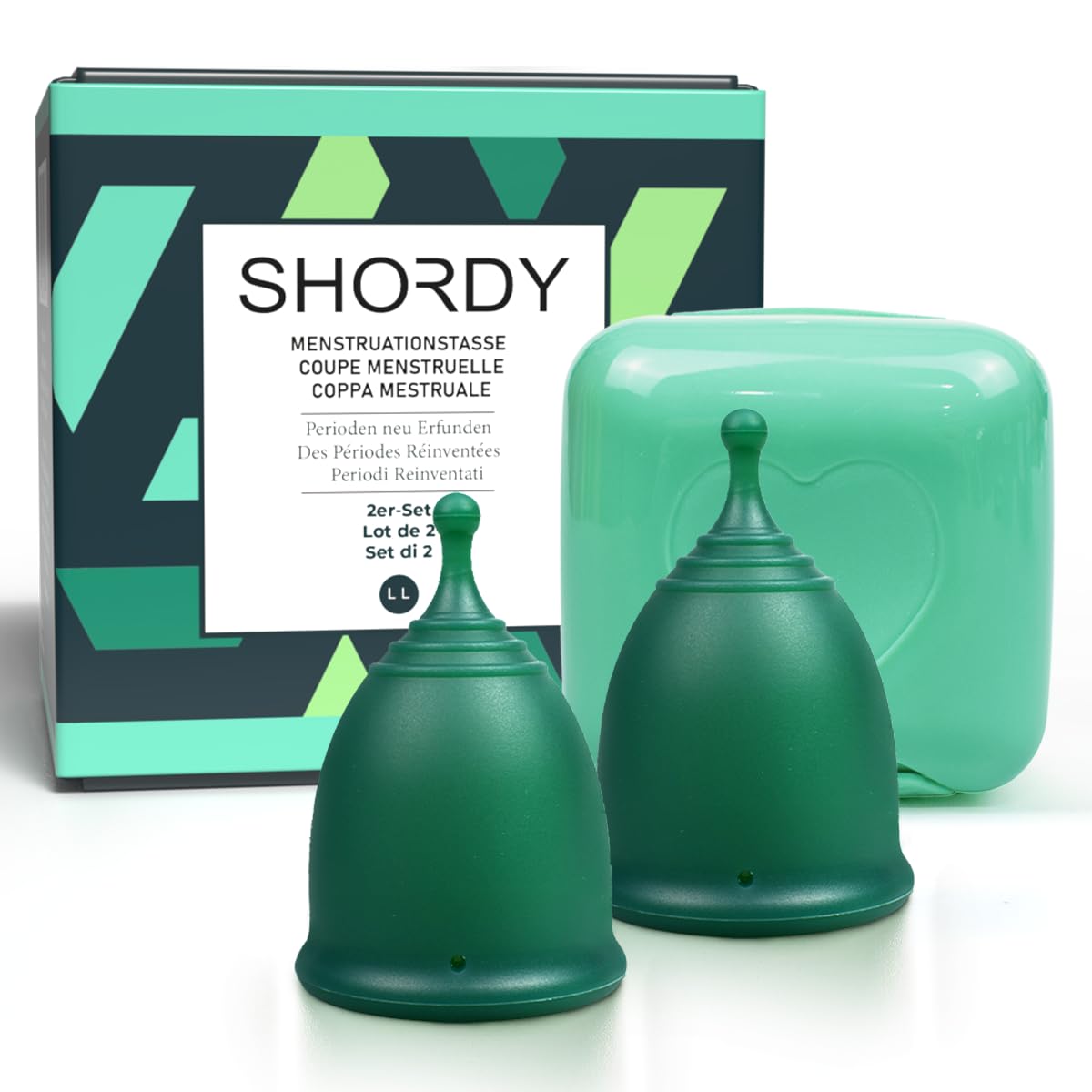 Shordy Coppa mestruale, set di 2 – Large with Mini Box, 100% Medical Grade tazza mestruale in silicone per l'igiene femminile, un'alternativa migliore e più sicura a bendaggi e tamponi
