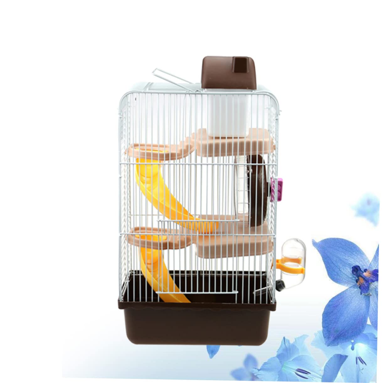 Dreistöckiger Hamsterkäfig Luxus Villa Käfig mit DREI Ebenen | Kaffeefarbene Ausführung, Pp und Eisendraht, 23x17x45cm, Laufrad und Auslaufsichere Trinkflasche