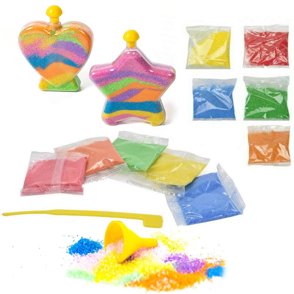 Make Your Own Sand Art Bottle Kit 2 Bottles 10 Bags of Colourful Sand 2 Funnels and Modelling Tools Great Craft Kits for Kids Coloured Sand Art Activity Set (Heart & Star Bottle Sand Art)