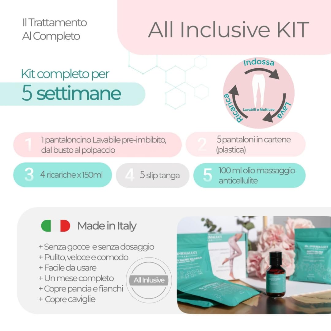 Dr. DERMALUCI LAB - Pant Salino Drenaggio Linfatico Potente Bio - Linfedema, Gambe Pesanti, Anti-Cellulite - Kit 5 Applicazioni Collant + 5 Olio - Sale del Mar Morto, Caffeina, Edera, Ortica - Italy