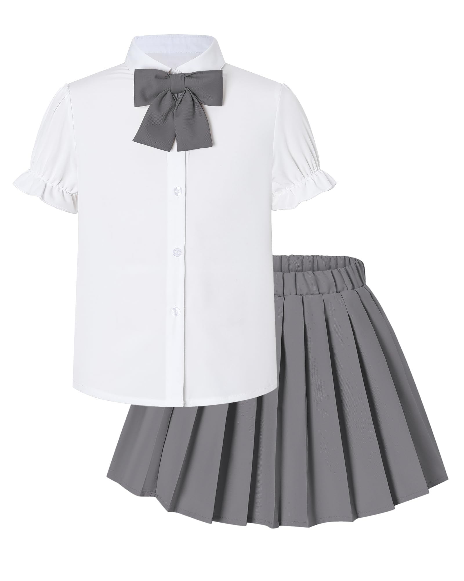 Betusline Girls JK Uniform Outfit, Shirt with Bow &amp; Pleated Skirt,4T-16Y