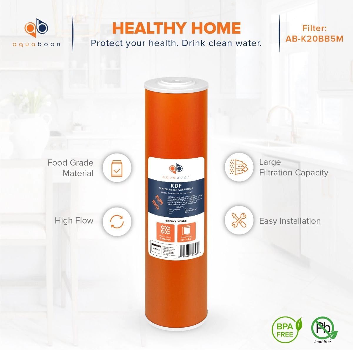 Aquaboon 5 Micron 20 x 4.5 Whole House Water Filter Replacement Cartridge KDF for 1-Stage Water Filtration System 2 Pack