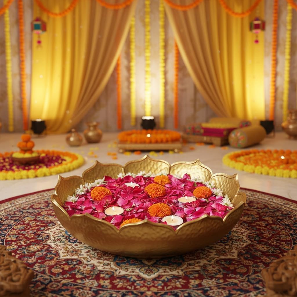 Gold Lotus Urli Bowl for Water Floating Flowers Pot and Tea Light Candles Holder, Traditional Metal Bowl for Wedding Pooja Home Office Table Diwali Decoration(Pack of 5)