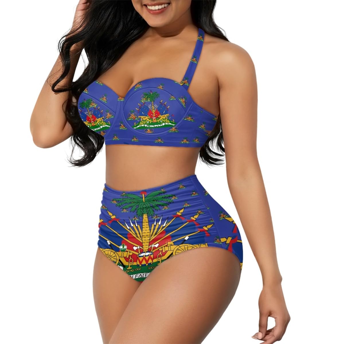 GLUDEAR Women Haitian Flag Print High Waisted Bikini Set Two Piece Tummy Control Vintage Swimsuit Halter Bathing Suit