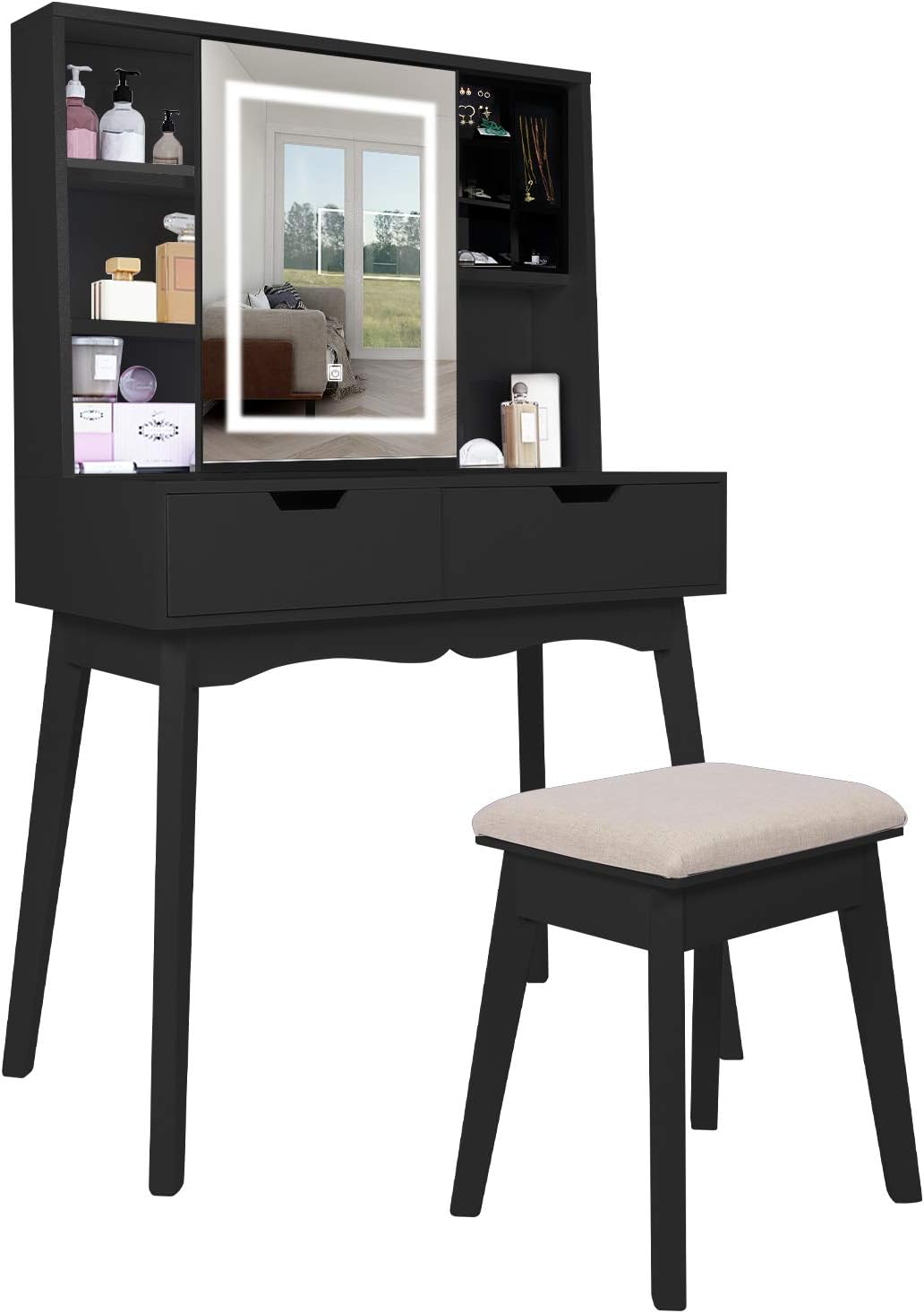 Amazon Com Black Vanity Set With 3 Models Led Lighted Mirror Removable Jewelry Box And Cushioned Stool 51 Inch Large Vanity Table Dressing 5 Storage Shelves And 2 Large Capacity Drawers For Bedroom Kitchen 3 Piece Vanity Mirror And Bench Set Antique Black