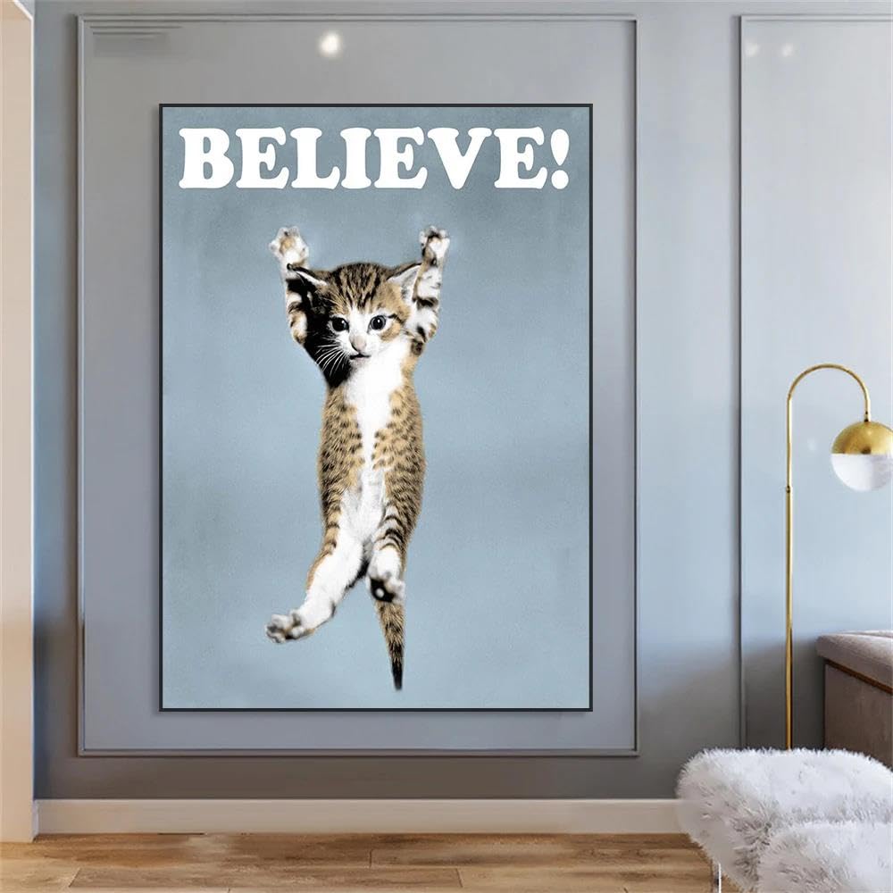 Baibexing Cute Cat Poster Believe Cat Vintage Art Print Modern Motivational Canvas Painting Living Room Kids Room Wall Art Decoration 21X30Cm Sin Marco