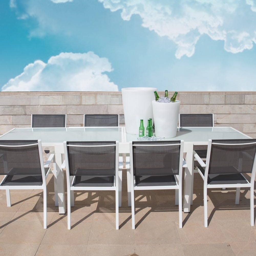 LOLAhome Mesa de Comedor Extensible para jardín Thais, Blanca de 80x80 cm Extensible 160 cm, de Aluminio y Cristal Serigrafiado, Tratamiento Anticorrosión, Elegante y Duradera, para 6 Personas