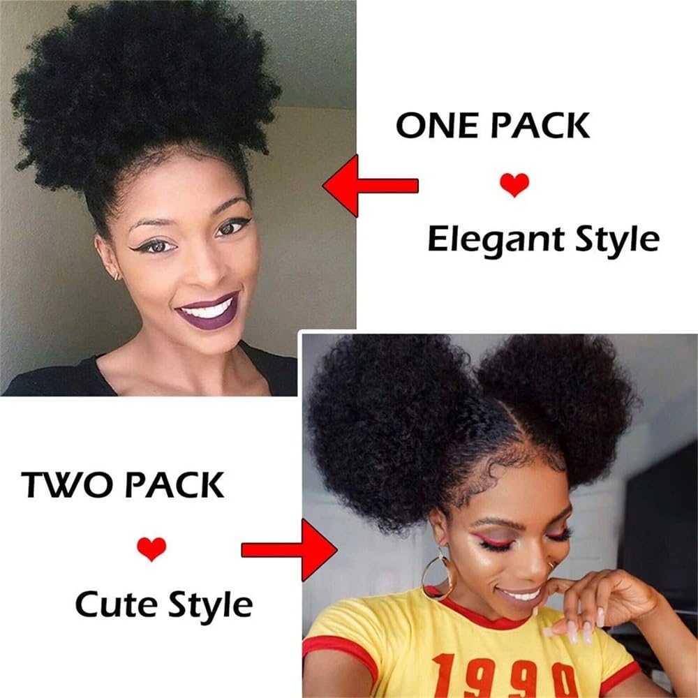 Pferdeschwanz Mit Kordelzug, Echthaar, Brasilianisches Kurzes, Lockiges Pferdeschwanz Mit Kordelzug, Afro-Puff-Dutt, Chignon-Zubehör Daily Wear(Black)