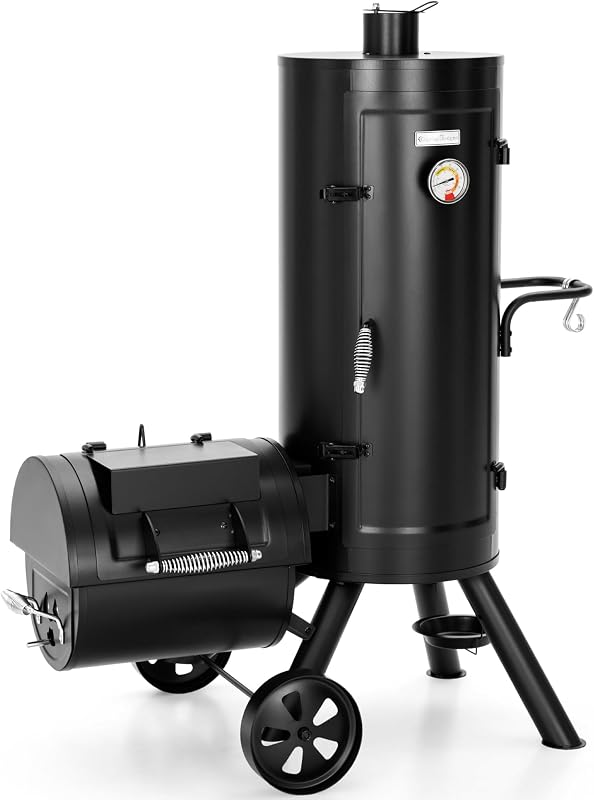 Vertical Offset Charcoal Smoker 961 SQ.IN. Cooking Area | Extra Large Heavy-Duty Outdoor BBQ Gill Offset Smoker with Warming Tray, Push-out Ash Tray for Outdoor Cooking, Black