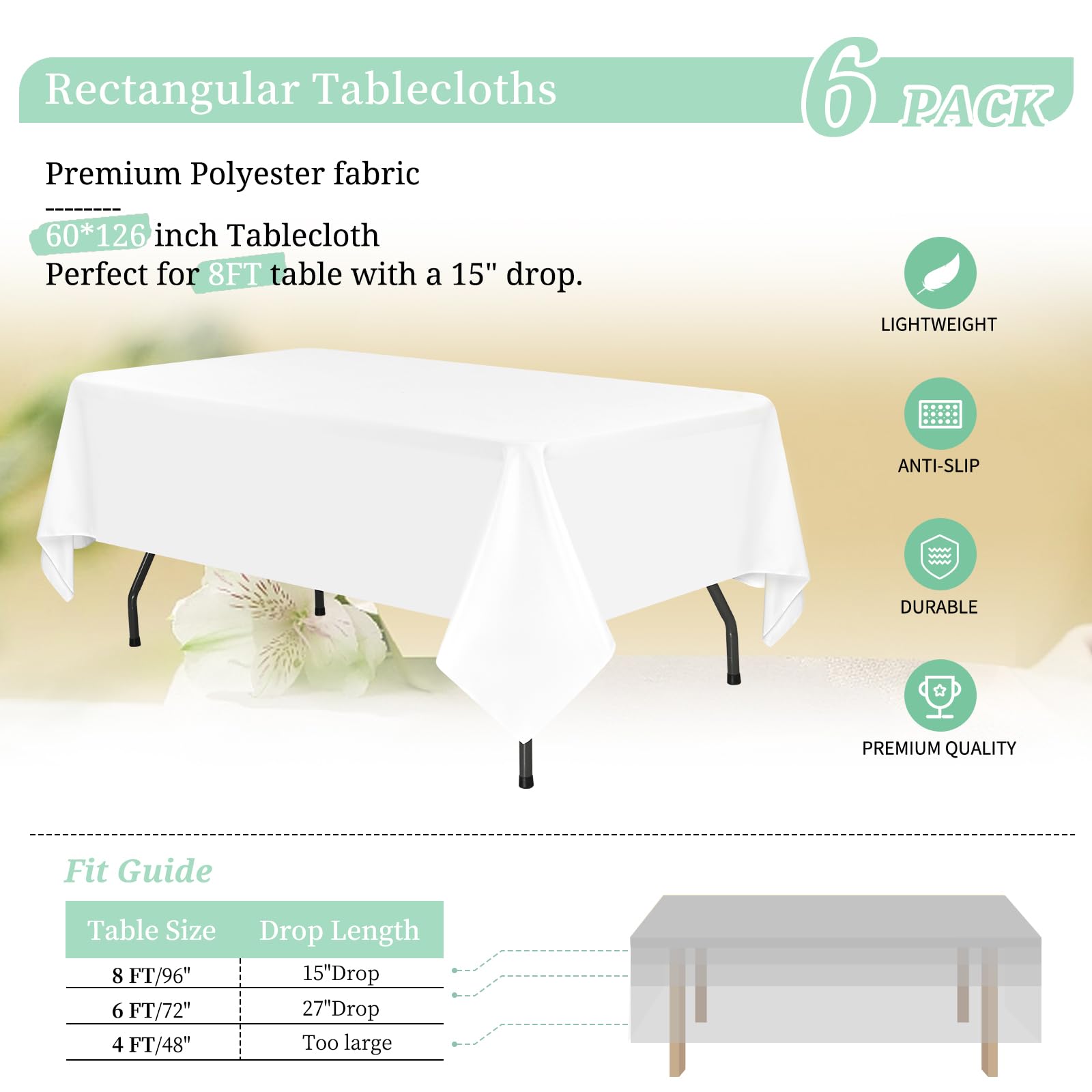 6 Pezzi Tovaglie Bianche Rettangolari 153 x 320 cm, Tovaglie Bianche in Poliestere Impermeabile per Tavolo da 8 Piedi, Tovaglia Rettangolare Lavabile per Feste Matrimoni Buffet Campeggio Ristorante