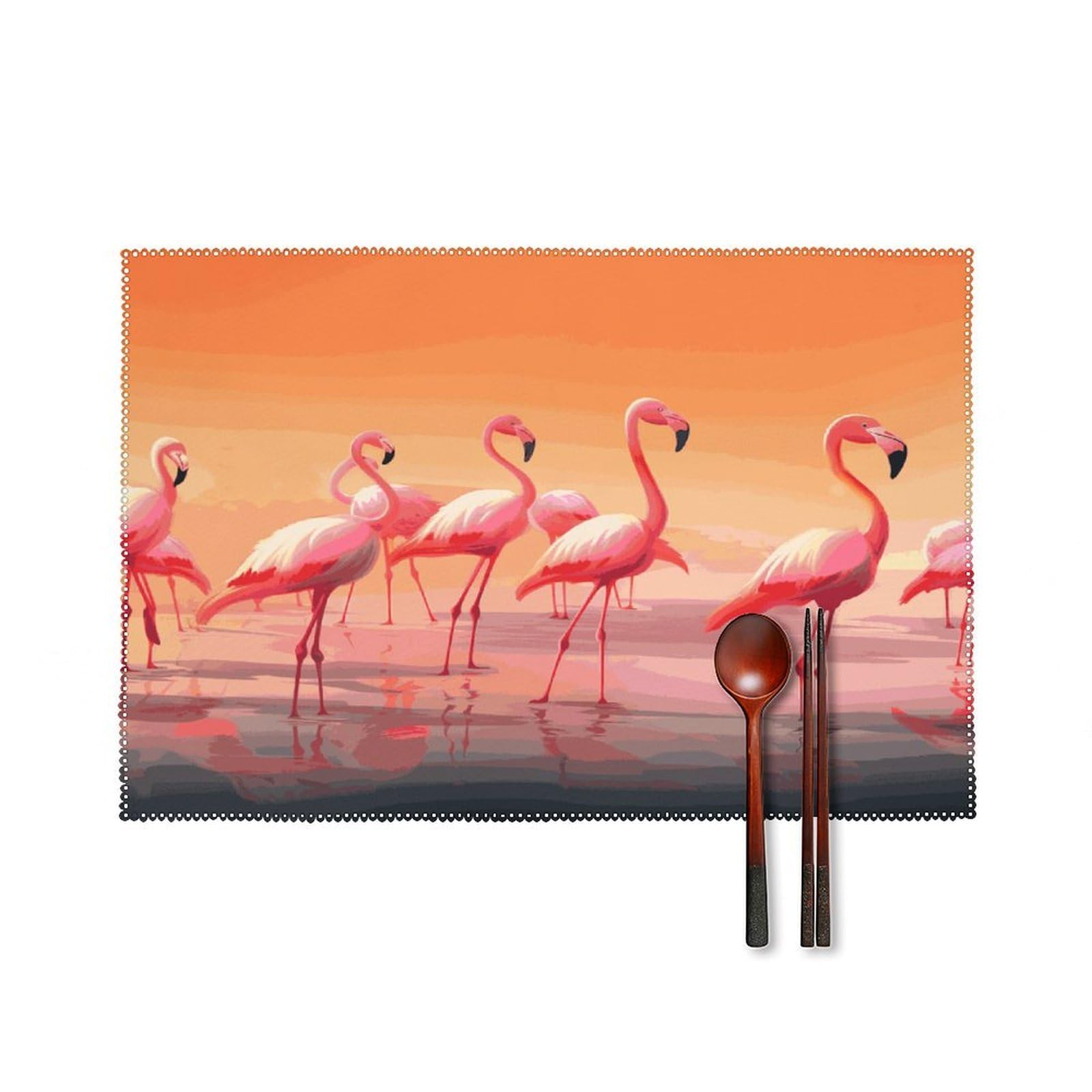 Btcowzrv Style A Flock Of Flamingos Canvas Placemats Set Of 6, Wipeable Washable Place Mats For Indoor & Outdoor, Table Mat Decor For Kitchen Dining Party