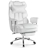 Sweetcrispy Executive Home Office Desk Chair - Ergonomic Big Tall High Back with Footrest & Lumbar Support&comma; Reclining Height Adjustable&comma; Comfy PU Leather Computer Gaming with Swivel Wheels&comma; White