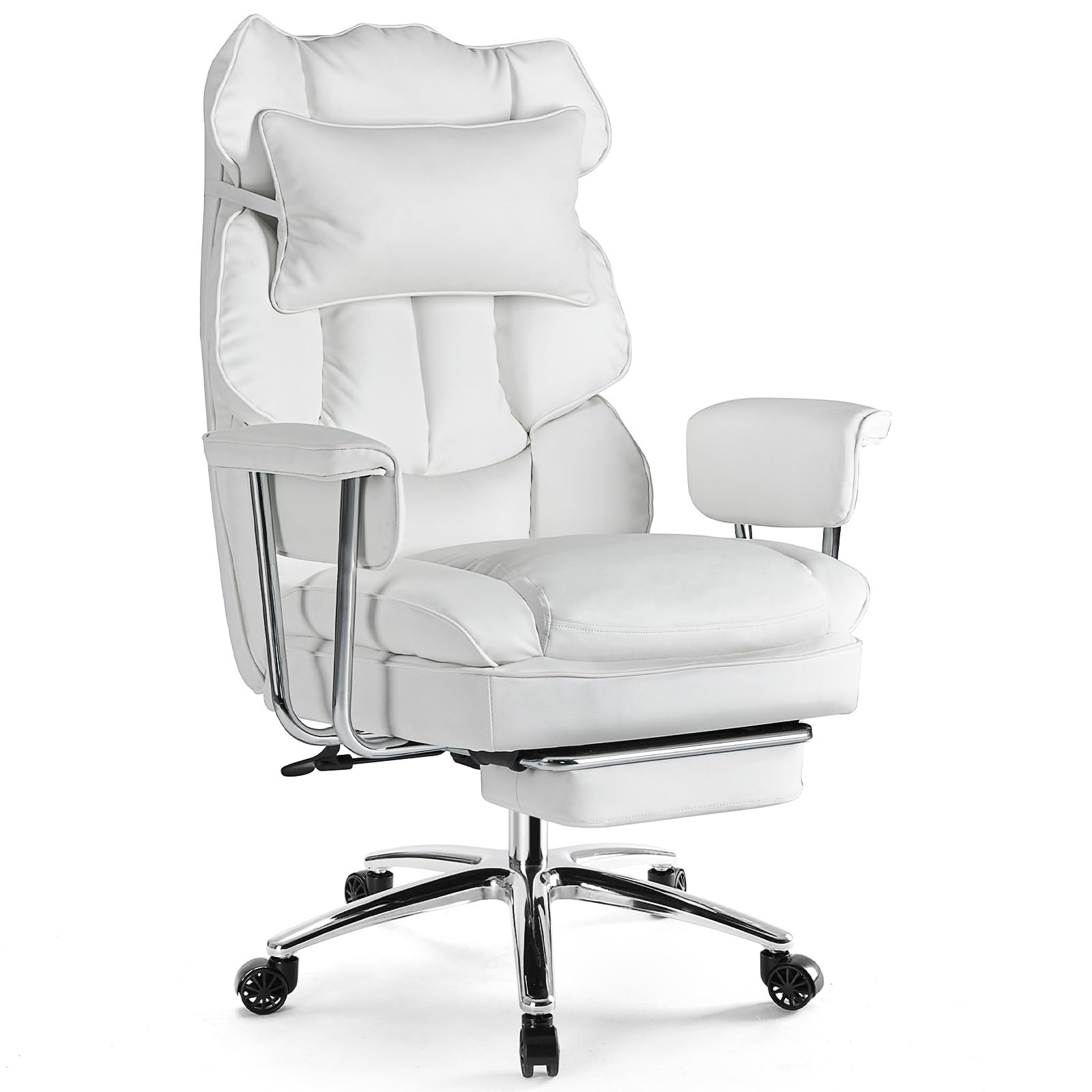Sweetcrispy Executive Home Office Desk Chair - Ergonomic Big Tall High Back with Footrest & Lumbar Support, Reclining Height Adjustable, Comfy PU Leather Computer Gaming with Swivel Wheels, White