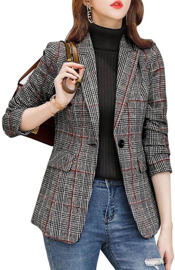 ebossy Women's Notch Lapel 2 Button Boyfriend Blazer Suit Houndstooth Plaid Jacket Coat