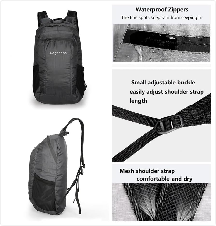 Small Foldable Hiking Daypack Packble Skin Casual Backpack Camping Cycling Travel Outdoor Day Bags Useful (Black) - Image 5
