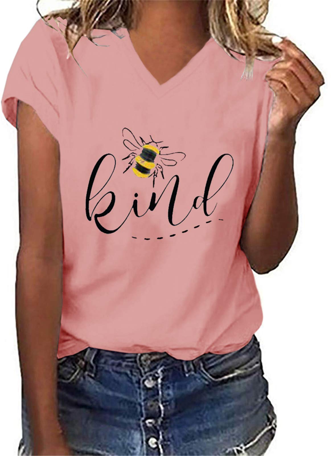 Women's Be Kind V-Neck Tee - Soft, Cute Graphic T-Shirt For Summer & Casual Wear (Orange, Medium)