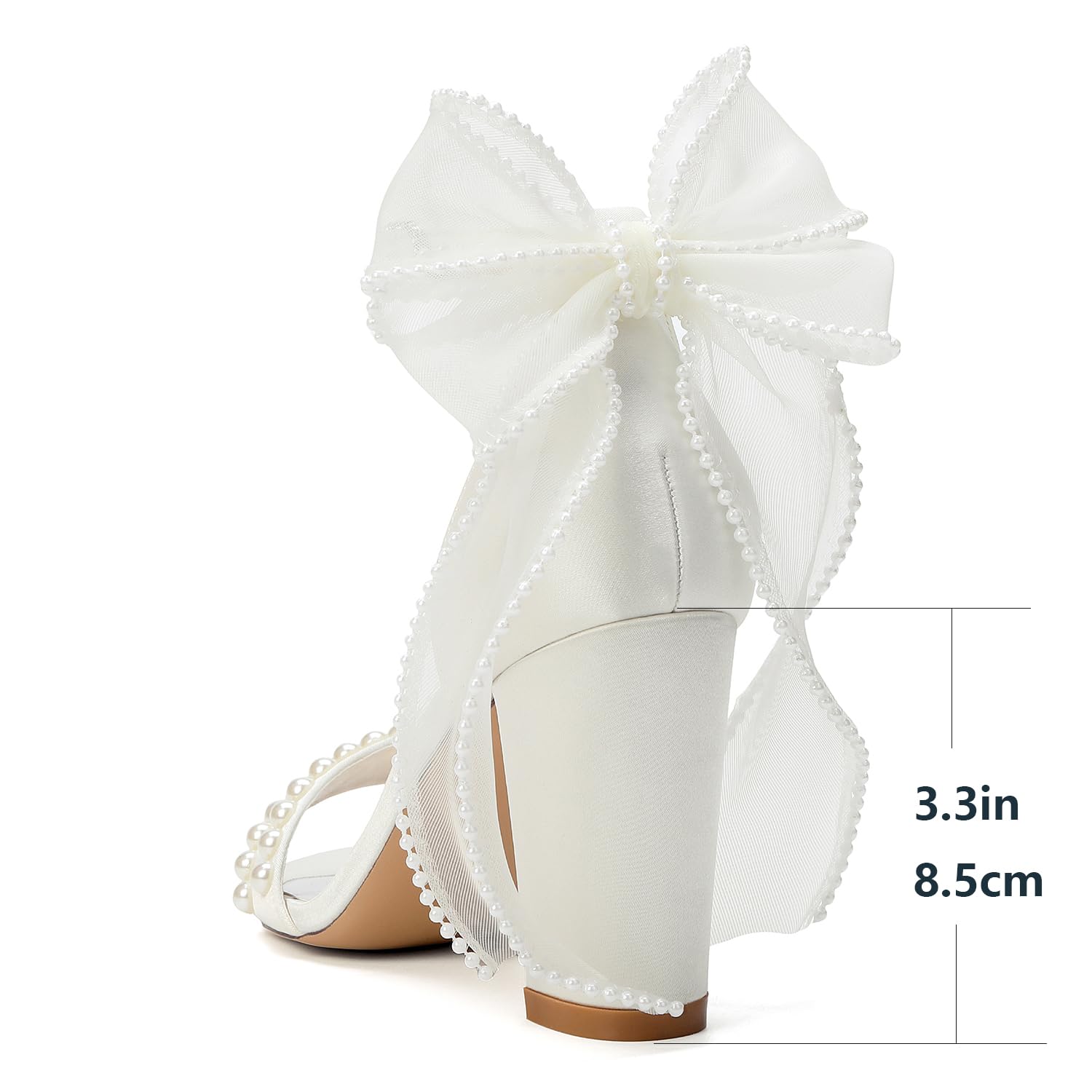 Sandali da Donna in Satin con Tacco Largo Perle e Fiocco in Mesh Eleganti Scarpe da Sposa Cerimonia