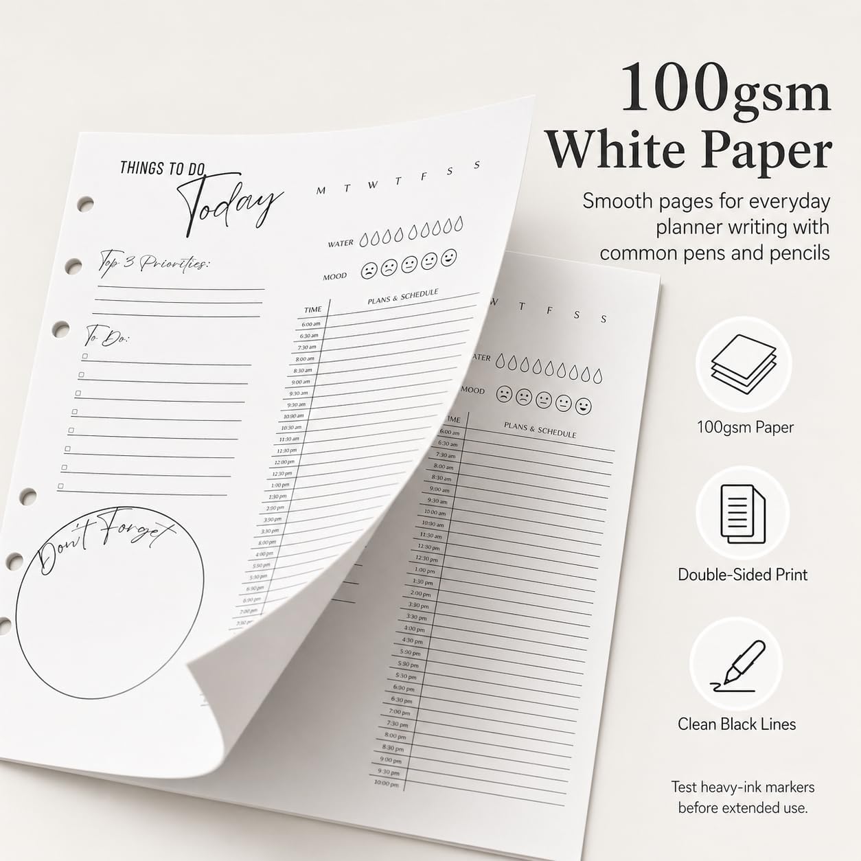 A5 Daily Planner Inserts, 6-Ring Undated Planner Refill Pages with To Do List, Hourly Schedule & Reminders, 100 Double-Sided Sheets, 100gsm White Paper, 5.8 x 8.3 in image 3