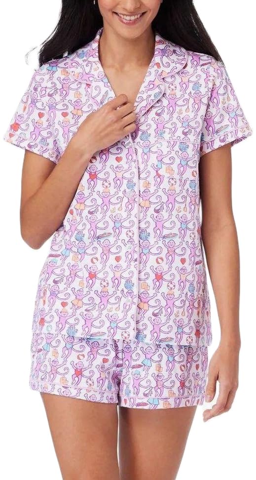 Womens Cute Monkey Pajama Set Preppy Pjs Shorts Y2k Floral 2 Piece Matching Pj Set Short Sleeve Pajama Shirts Sets