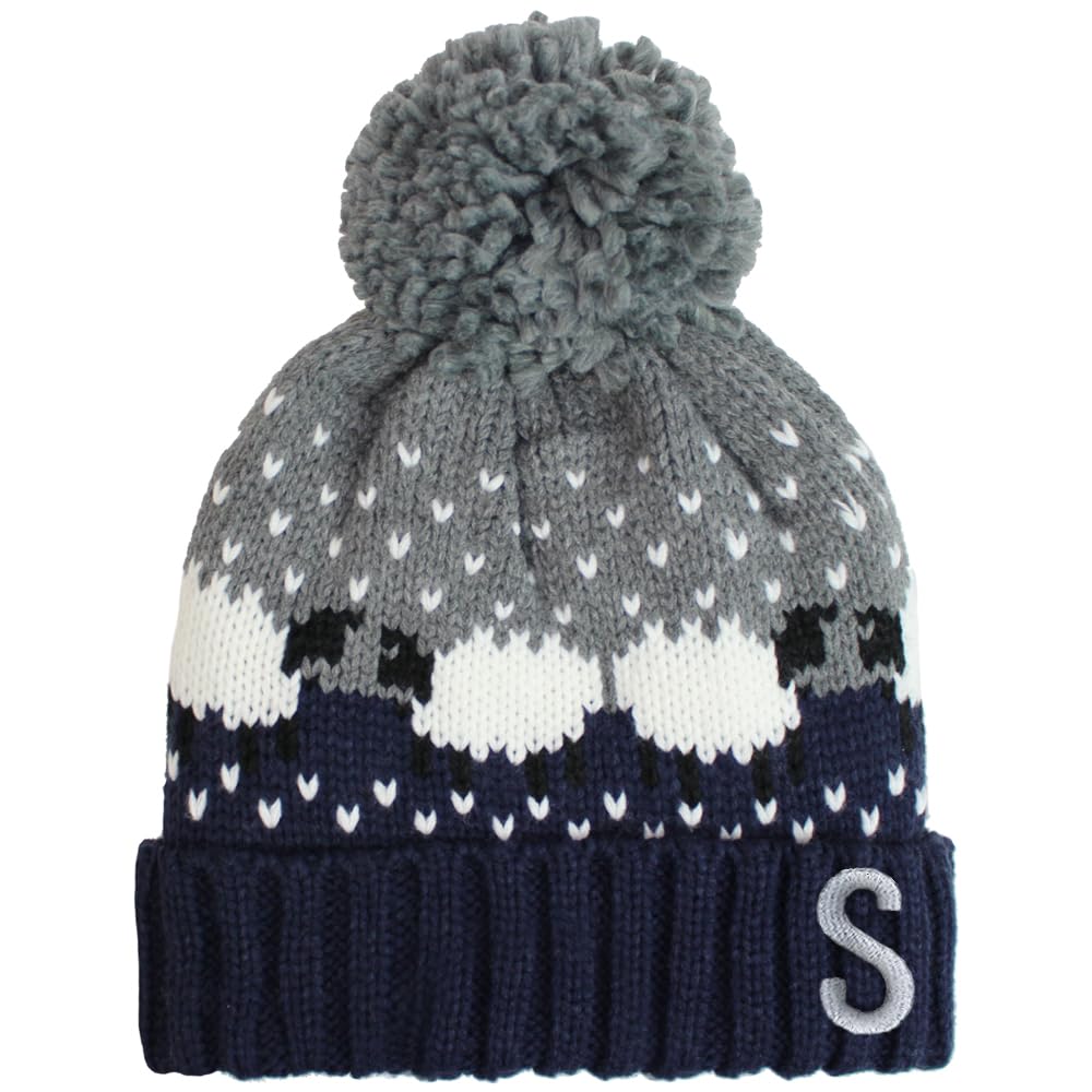 Teddyt's Women's Navy Personalised Initial Sheep Chunky Cable Knit Thermal Bobble Hat (Navy)