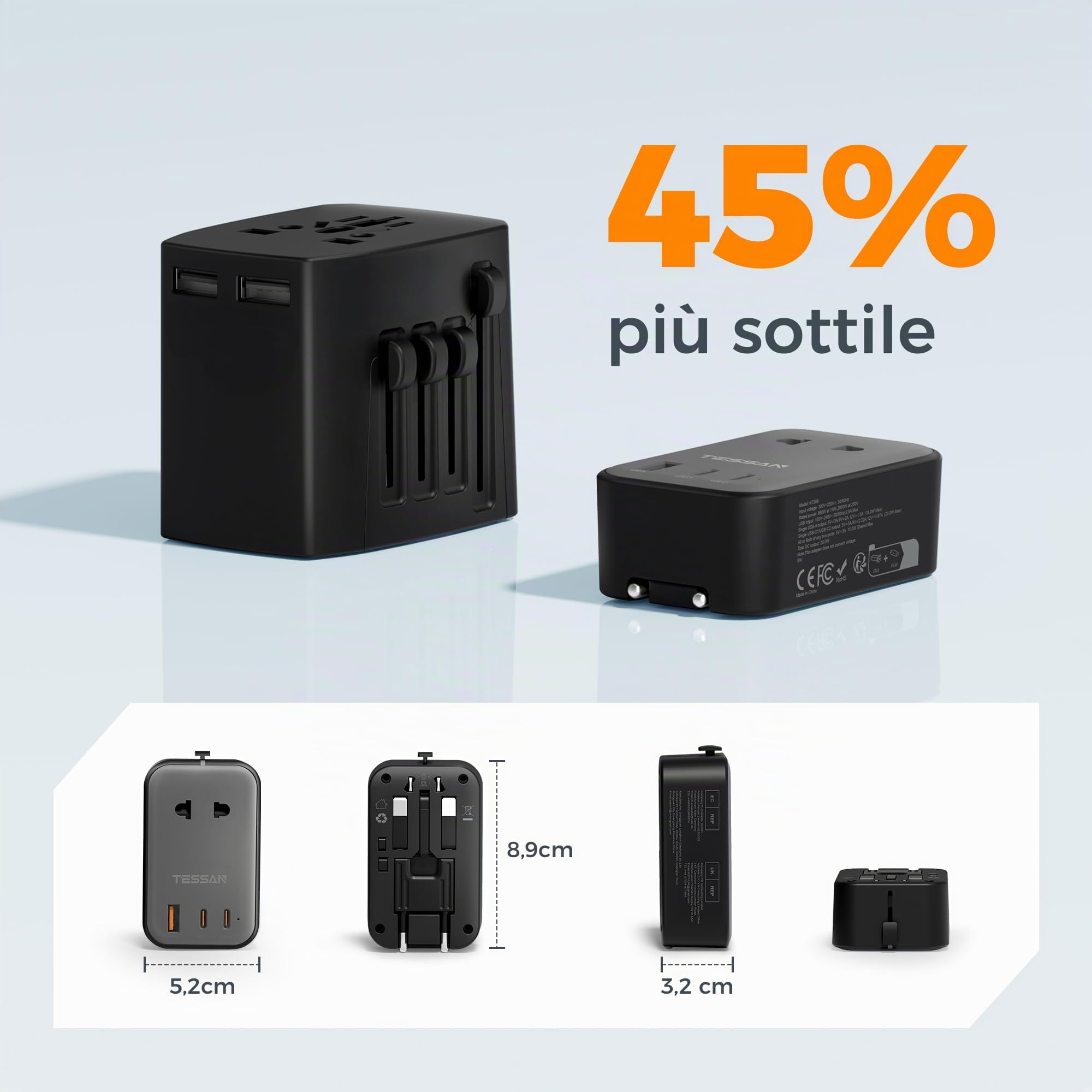 TESSAN Adattatore Universale da Viaggio con 2 USB C PD 20W e 1 USB A, Worldwide Travel Adapter per Presa Inglese Americana Australia Thailandia Giappone