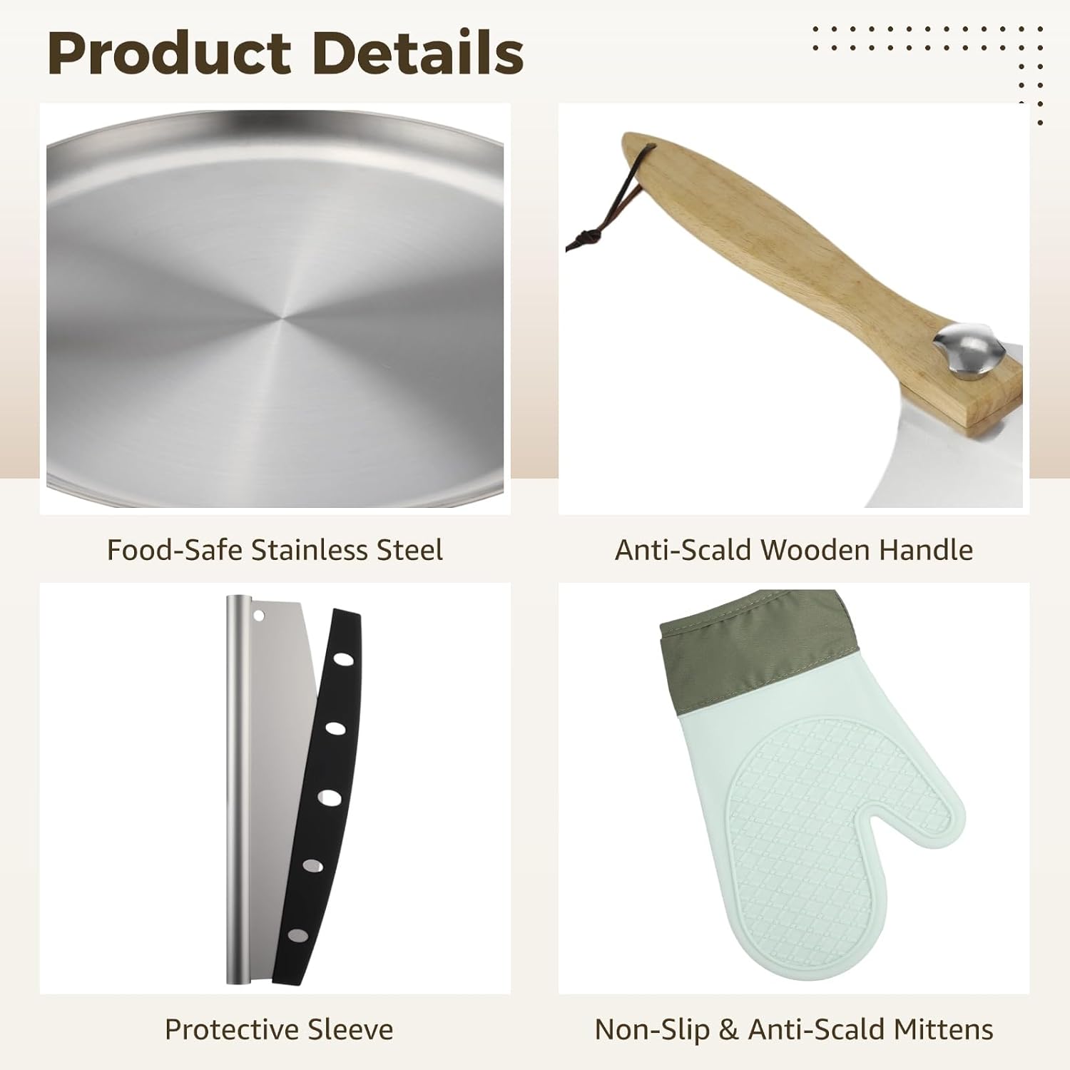 6 PCS Pizza Peel Metal Pizza Spatula Kit - 12 x 14 in Stainless Steel Pizza Paddle with Wooden Handle, Home Baking Oven Accessories with Rocker Cutter Round Pan Server Tongs Oven Mitts