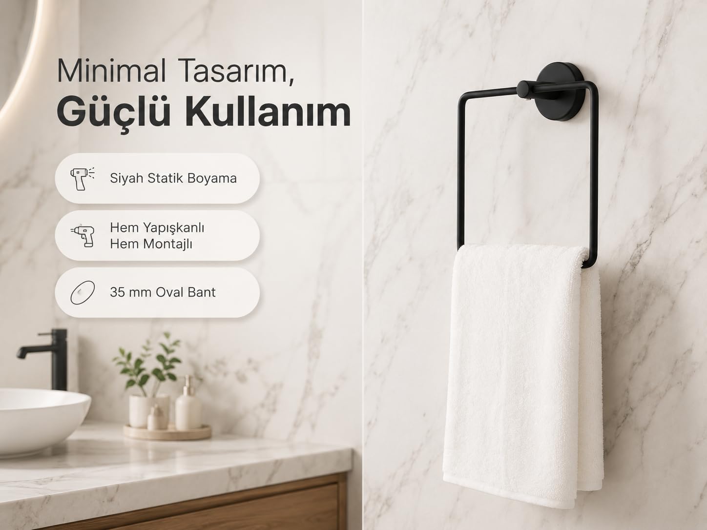 Alper Banyo Lotus Siyah Kare Havluluk, Yapışkanlı ve Vidalı Montajlı Banyo Havlu Askısı, Mat Siyah Statik Boyama, 35 mm Oval Bantlı Duvar Havluluk, Metal