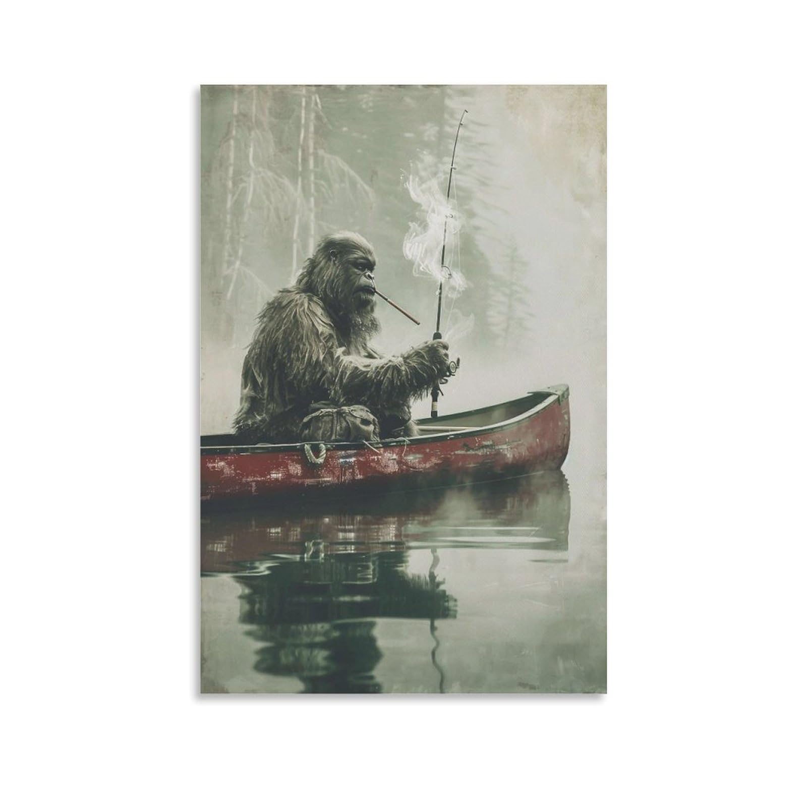 HUERYRYHY Sasquatch Canoe Fishing Hour 01 Poster Wall Art Canvas Vintage Aesthetic Painting Decor for Rooms 24x36inch Unframe-style