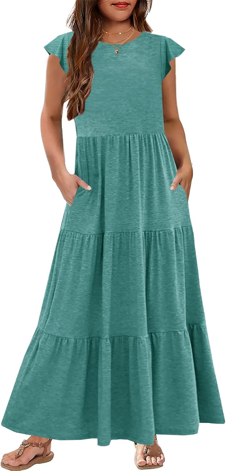 HOSIKA Girls Summer Casual Ruffle Short Sleeve Crewneck Aline Flowy Tiered Beach Maxi Sundress with Pockets for 6-12 Y