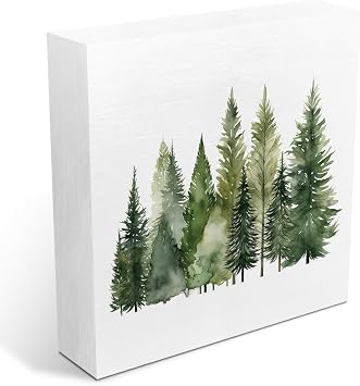 Tree Decorations Rustic Wooden Box Sign, Watercolor Tree Holiday Christmas Farmhouse Home Bathroom Decor, Vintage Wood Block Plaque for Office Kitchen Shelf Desk Table Tiered Tray Christmas Decor