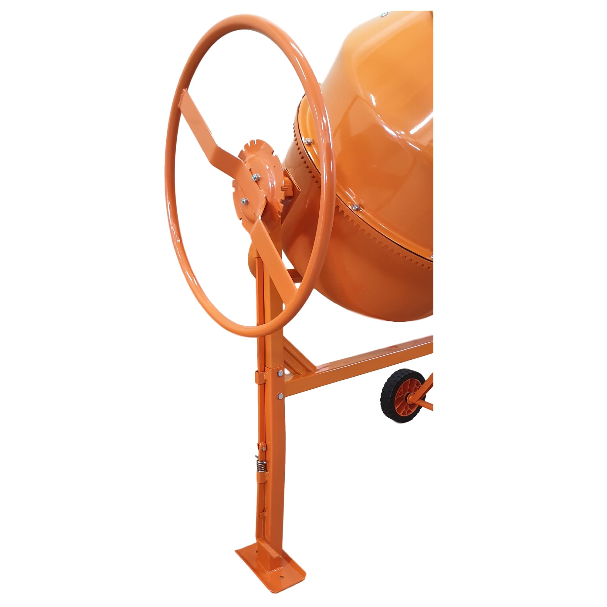 Betonmischer BAU160, 160L Trommel, 850W Motor, Orange, Stahlrahmen mit Metall-Zahnkranz, Kunststoffräder, Kipp-Handrad