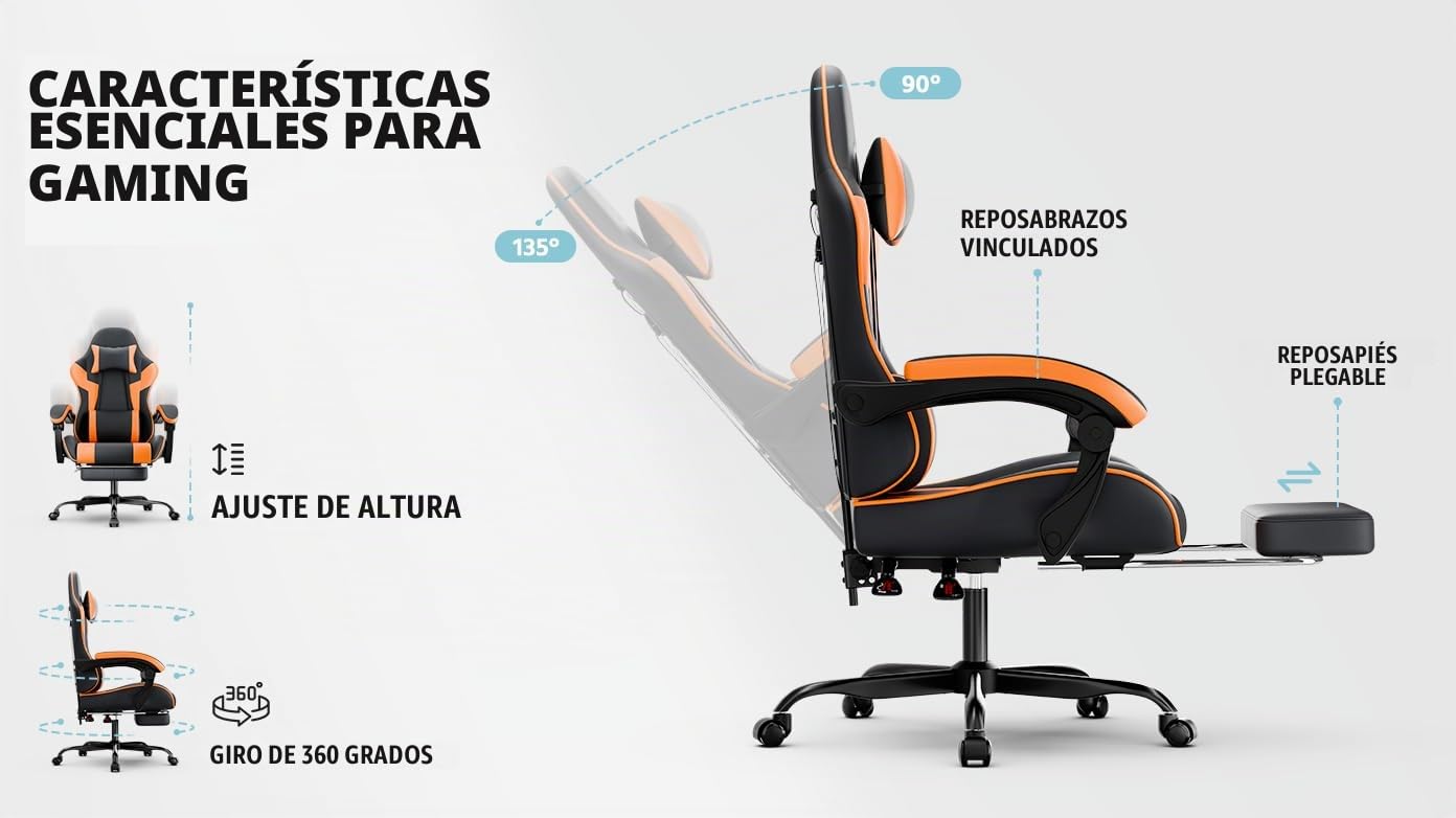Silla ergonómica para videojuegos, con reposapiés, reposabrazos ajustables, silla de oficina, silla ergonómica para ordenador con soporte lumbar, color negro y naranja