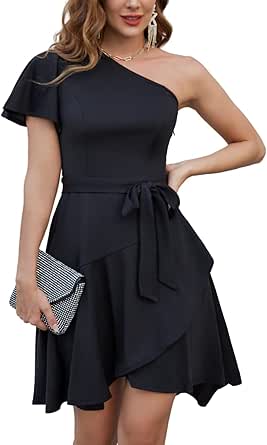 GRACE KARIN Women's Summer Wedding Guest Dress Elegant One Shoulder Cocktail Dress Ruffle Short Sleeve A Line Party Dress