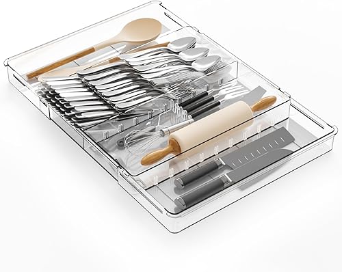 Organizador grande de cubiertos expandible, ajustable de 11 a 21.3 pulgadas, espátula, dispositivo, cuchillo, cubiertos, cucharas y tenedores,