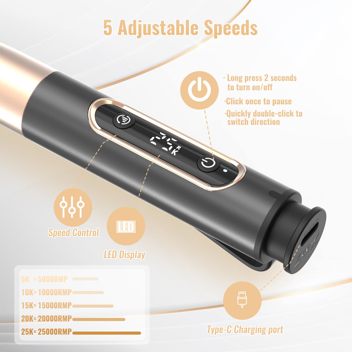 Denabuty Nail Drill Cordless, Electric Nail File 12 in 1 with LED Display - Image 4
