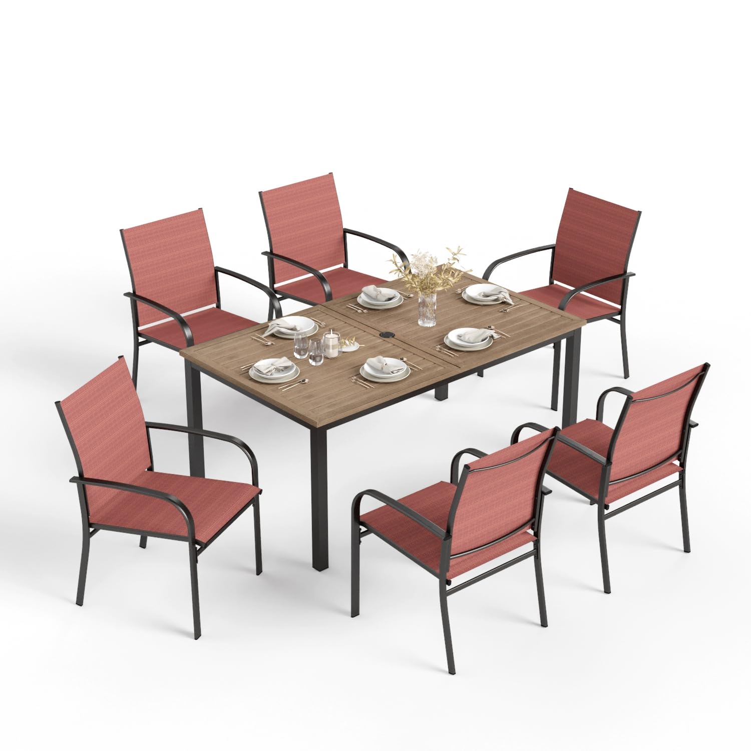 HERA'S HOUSE Red Patio Furniture Outdoor Dining Set, 64" Wood-Grain Metal Table with Umbrella Hole, 6 Textilene Chairs for Yard Garden Porch Poolside