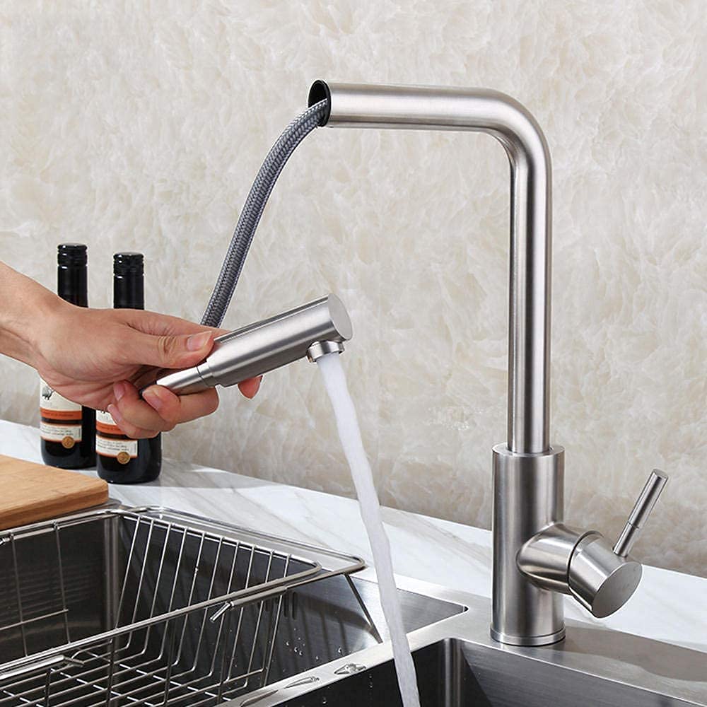 Mitigeur de cuisine avec douchette extractible en acier brossé durable