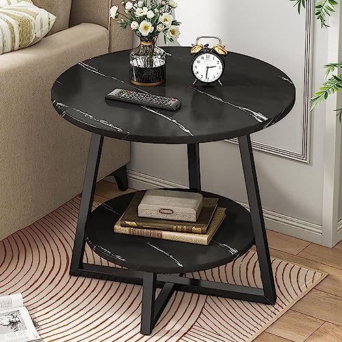 Image of Al Hama Coffee Table 2 Tier Round Tea Marble Pattern Table Modern Side Tables Sofa Table with Metal Frame Light End Tables Telephonr Table for Living Room-(Black)