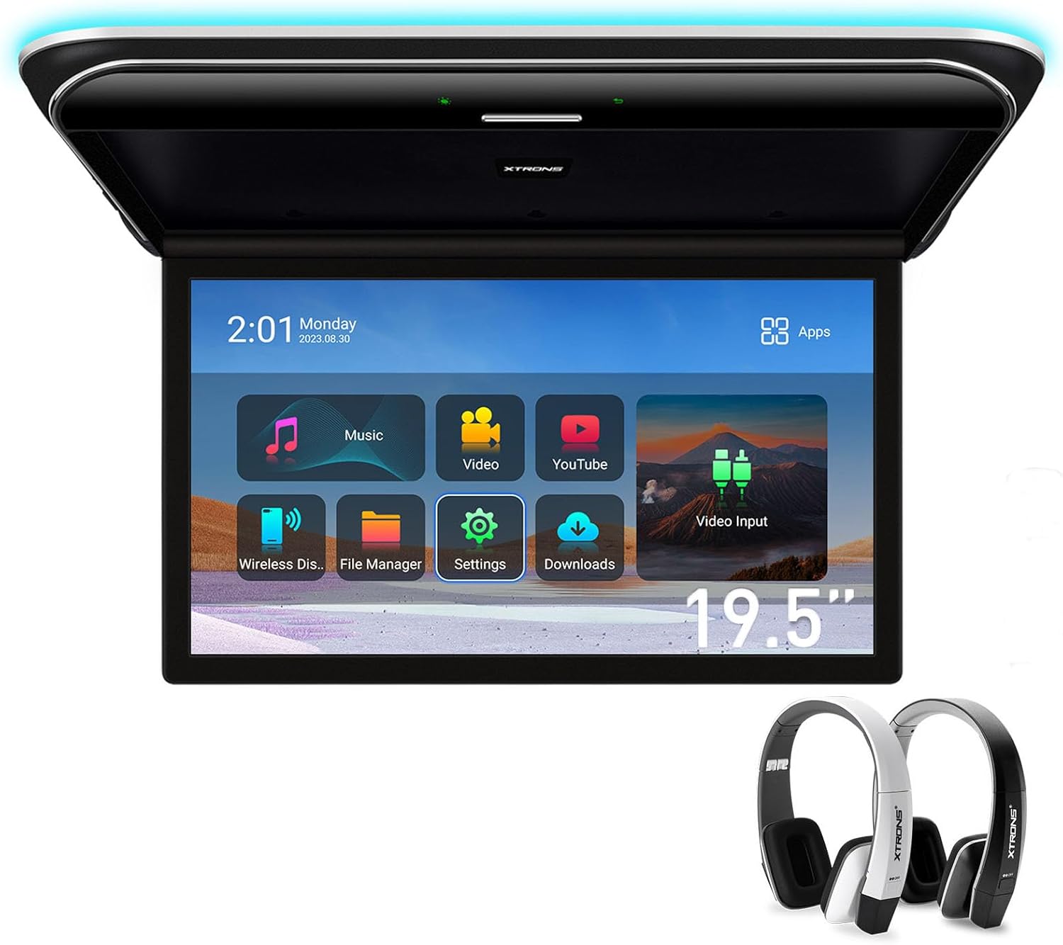 XTRONS Reproductor aéreo de coche Android de 195 pulgadas de ancho pantalla IPS 8K monitor de montaje en techo de automóvil con altavoces estéreo
