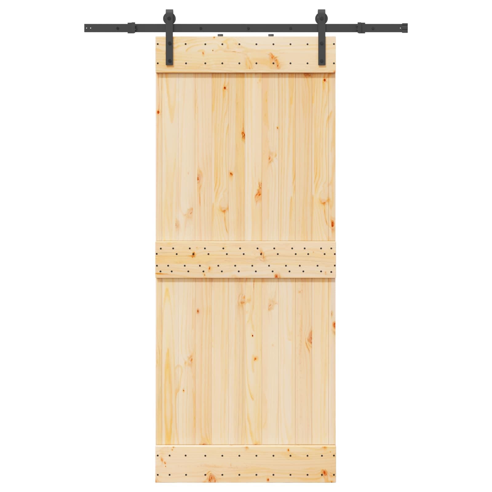 Puerta corredera Narvik natural y negra 85 x 210 cm | Madera de pino maciza, guía de acero, diseño que ahorra espacio, kit completo