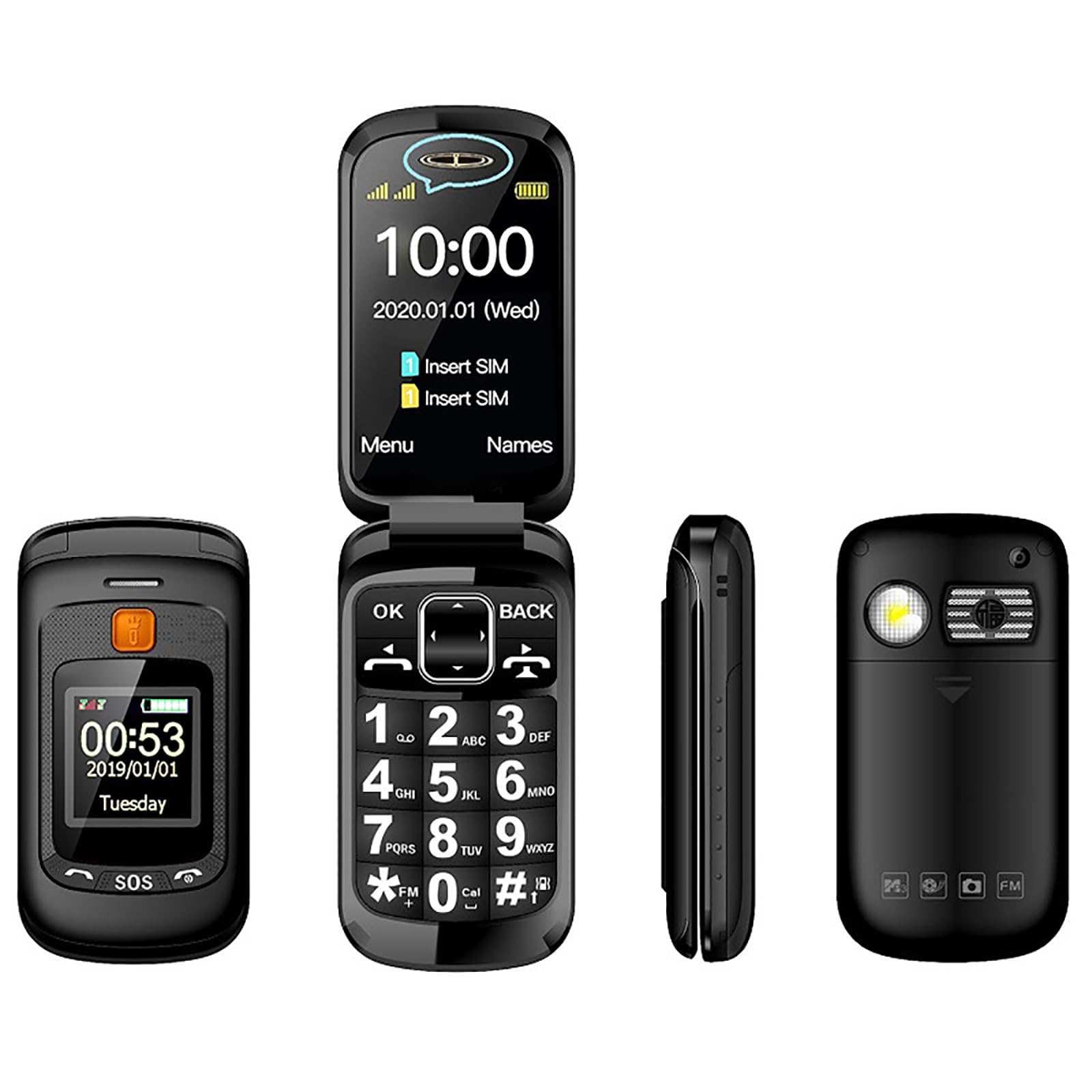 Urządzenie Zapasowe Dla Osób Starszych/dzieci, Odblokowany Telefon Komórkowy Z Klapką, Podwójny Ekran 2,4"/1,44", Podwójna Karta SIM, Multimedialne MP3, Bateria 2800 MAh, Duża Klawiatura,Black