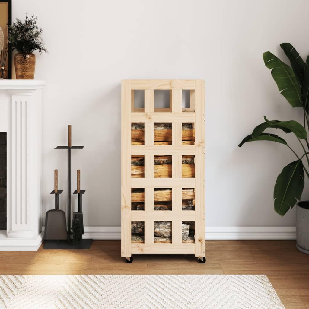 Kaminholzregal mit Rollen 40x49x110 cm aus massivem Kiefernholz für trockene Brennholzlagerung, ideal für Ofen, Kamin, Garten, Terrasse, innen und außen, mit praktischem Transportgestell